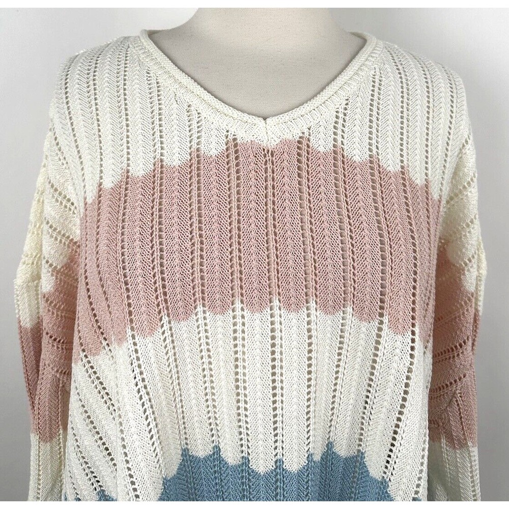 NEW POL Boxy Oversize Sweater LARGE Ivory Blue Pink Stripes V-neck Drop Shoulder - Picture 6 of 13